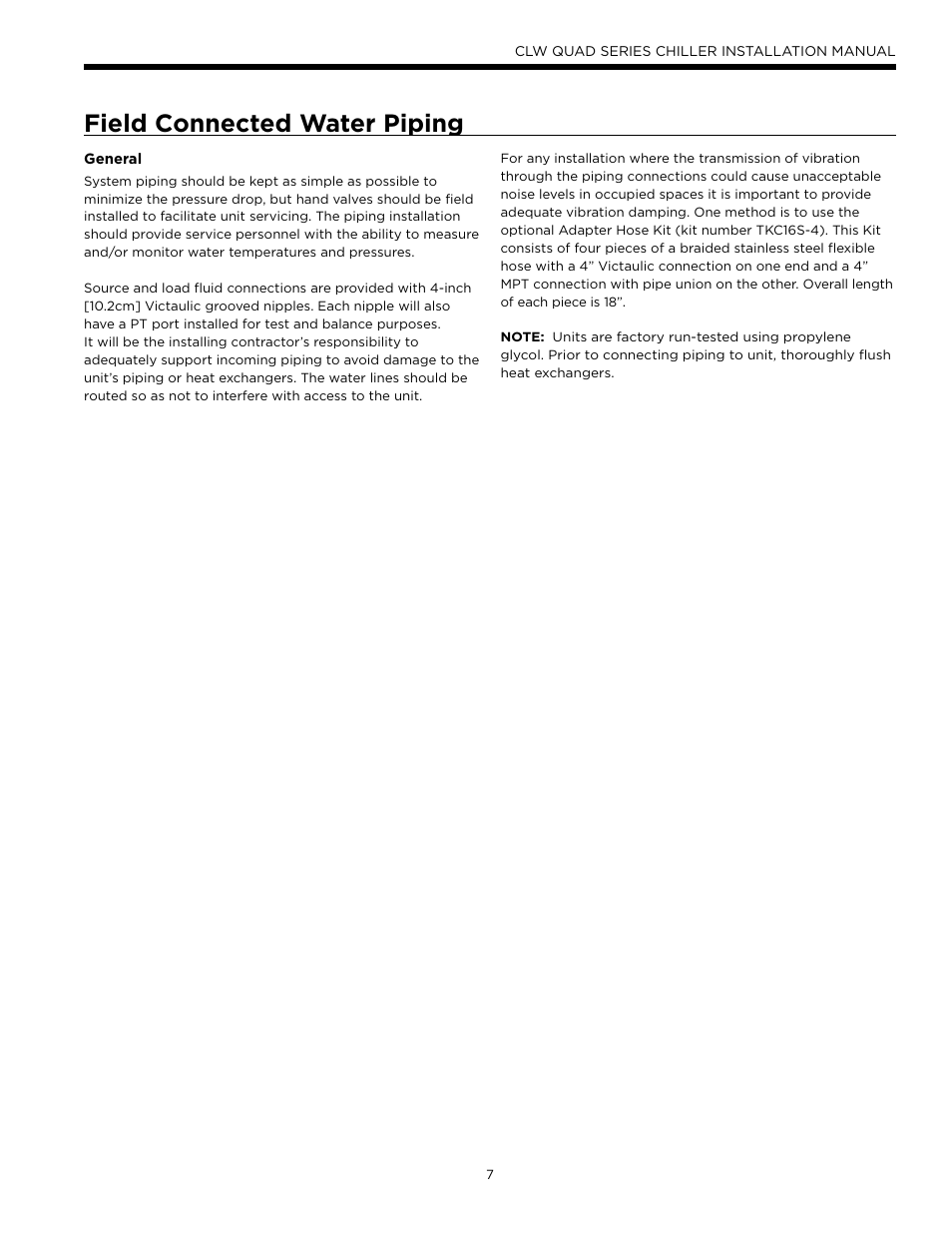 Field connected water piping | WaterFurnace CLW Chiller User Manual | Page 7 / 28