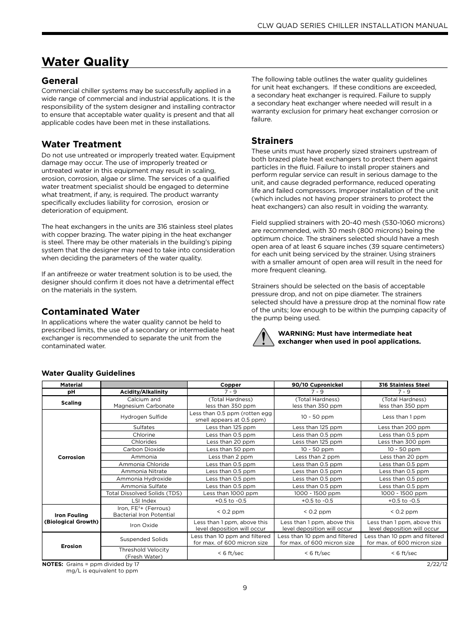 Water quality, General, Water treatment | Contaminated water, Strainers | WaterFurnace CLW Chiller User Manual | Page 9 / 28