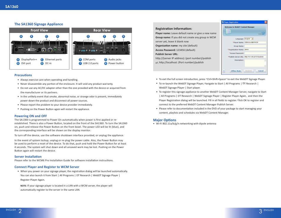 Major options, The sa1360 signage appliance | WebDT SA1360 User Manual | Page 2 / 2