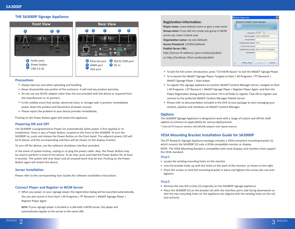 The sa3000p signage appliance, Options | WebDT SA3000P User Manual | Page 2 / 2