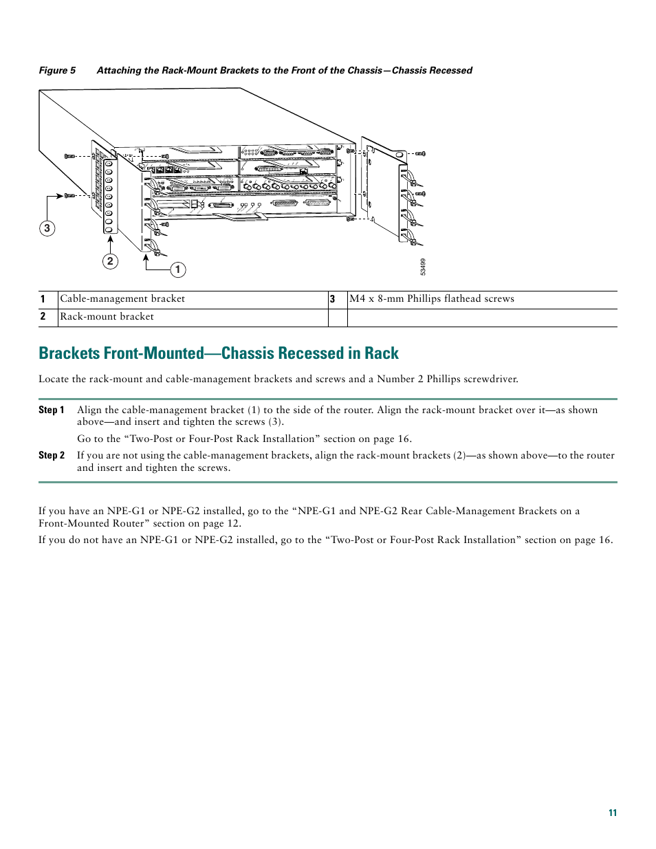 Brackets front-mounted-chassis recessed in rack, Brackets front-mounted—chassis recessed in rack | Cisco 7200 VXR User Manual | Page 11 / 48