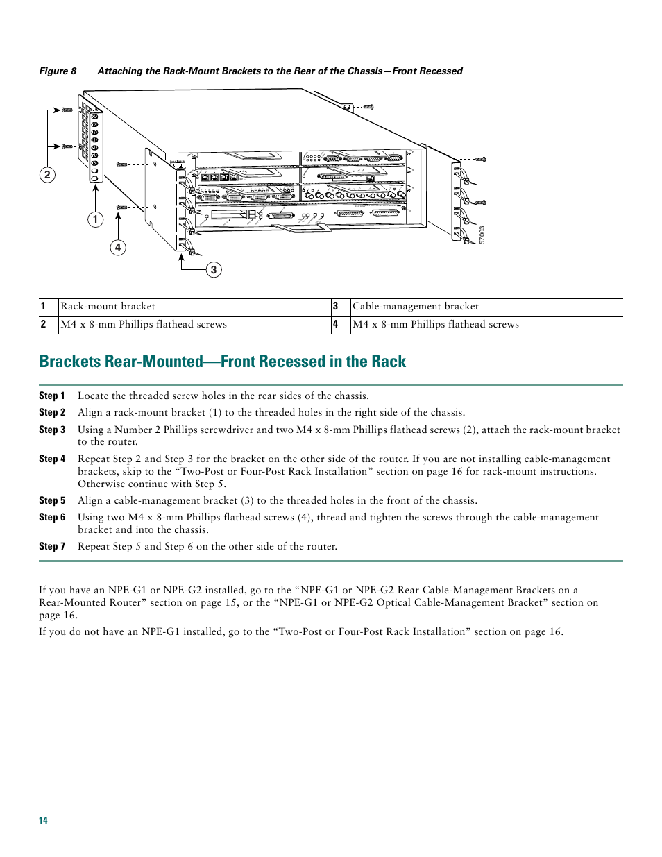 Brackets rear-mounted-front recessed in the rack, Brackets rear-mounted—front recessed in the rack | Cisco 7200 VXR User Manual | Page 14 / 48