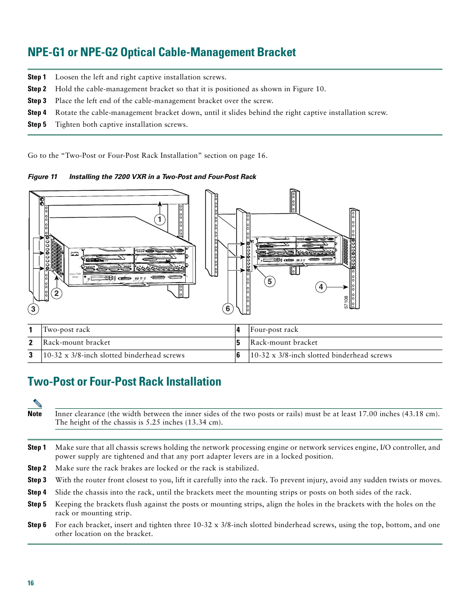 Npe-g1 or npe-g2 optical cable-management bracket, Two-post or four-post rack installation | Cisco 7200 VXR User Manual | Page 16 / 48