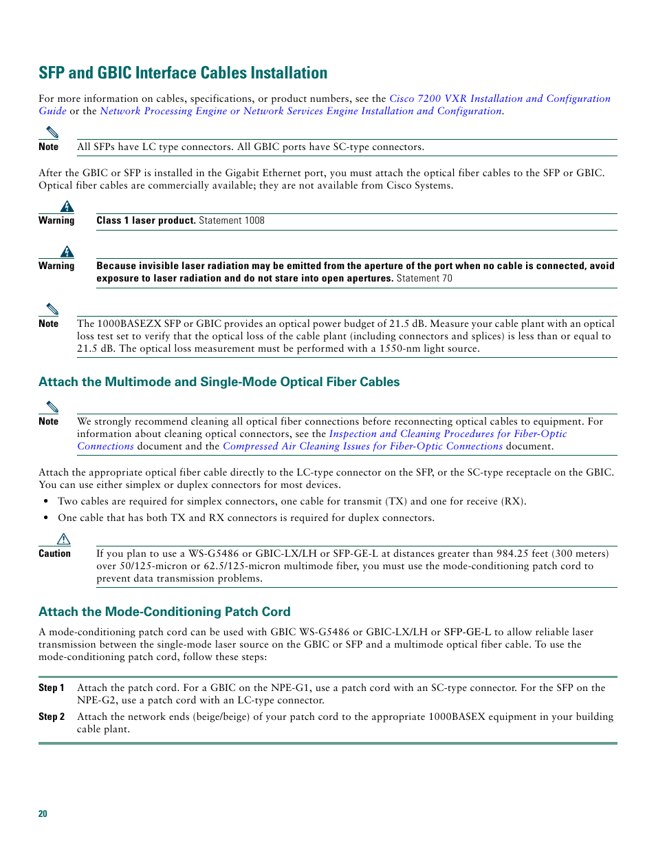 Sfp and gbic interface cables installation, Attach the mode-conditioning patch cord | Cisco 7200 VXR User Manual | Page 20 / 48