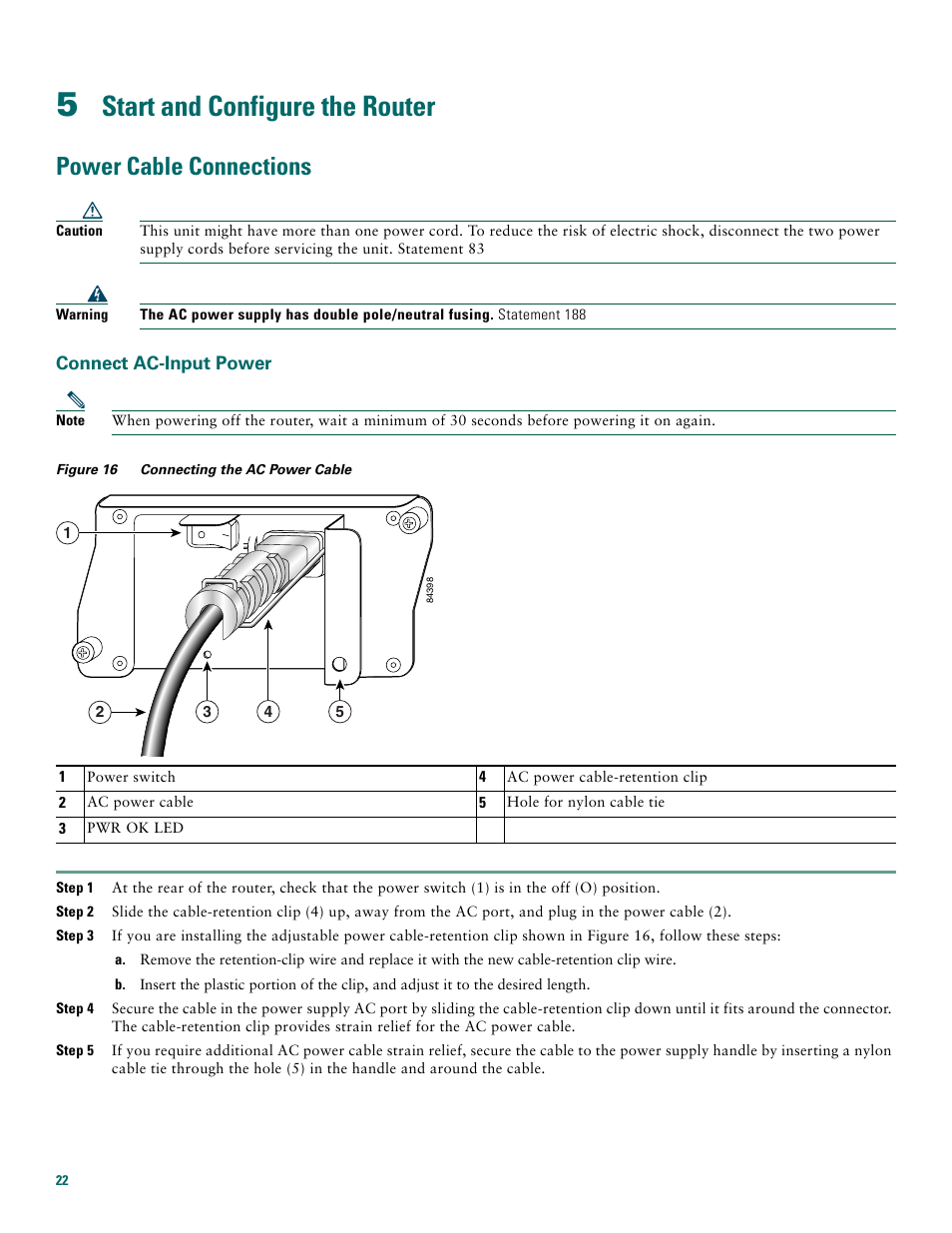 5 start and configure the router, Power cable connections, Connect ac-input power | Start and configure the router | Cisco 7200 VXR User Manual | Page 22 / 48