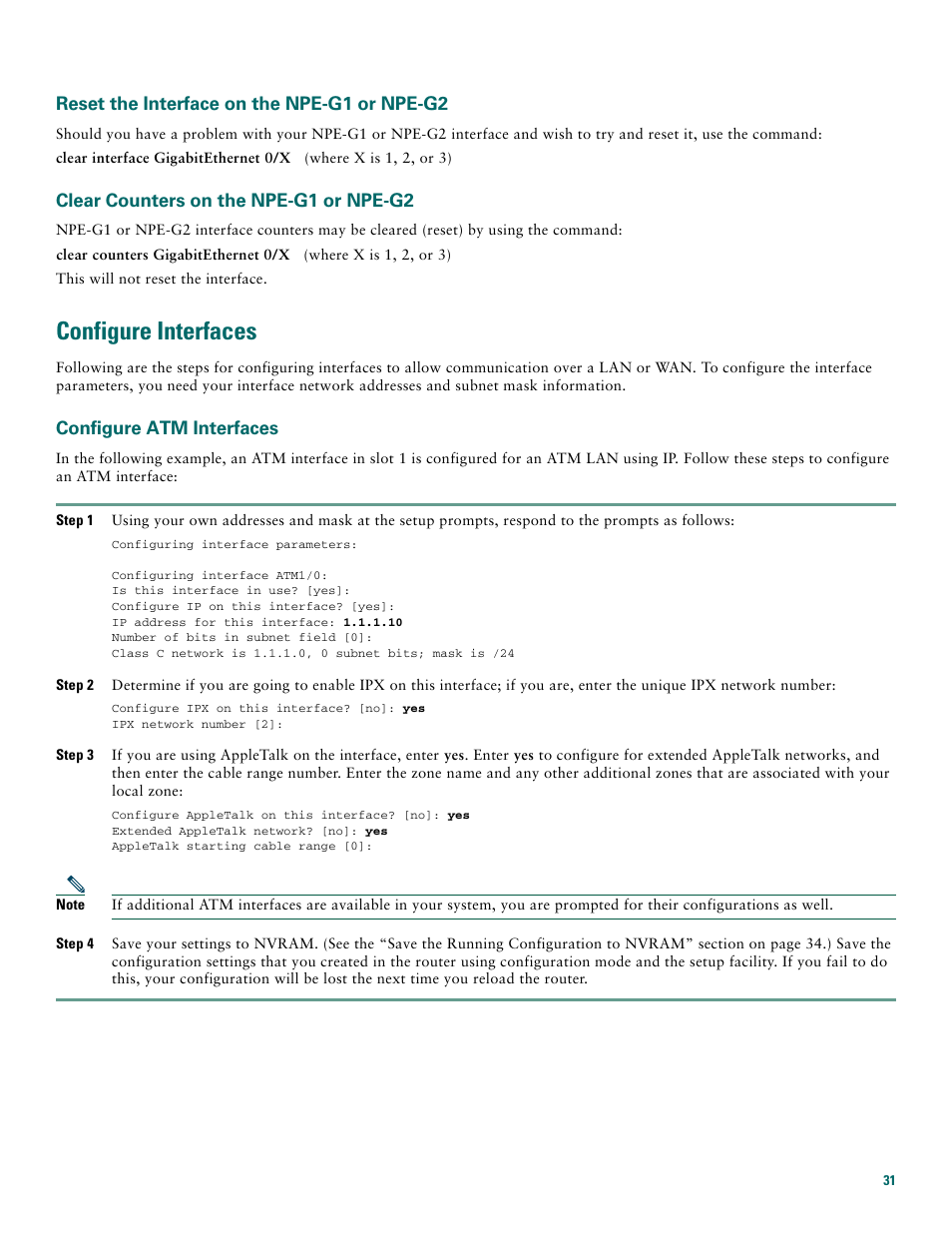Reset the interface on the npe-g1 or npe-g2, Clear counters on the npe-g1 or npe-g2, Configure interfaces | Configure atm interfaces | Cisco 7200 VXR User Manual | Page 31 / 48