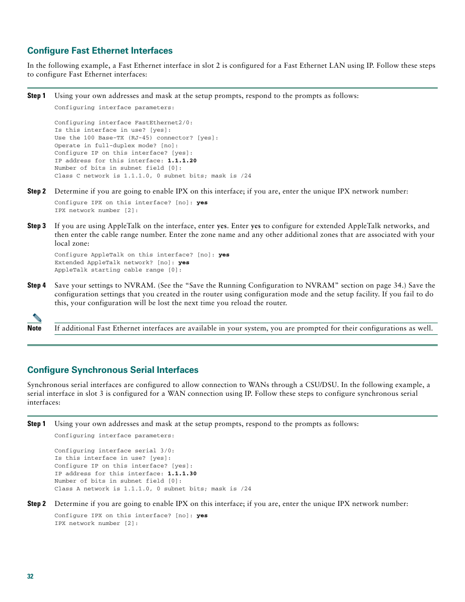Configure fast ethernet interfaces, Configure synchronous serial interfaces | Cisco 7200 VXR User Manual | Page 32 / 48