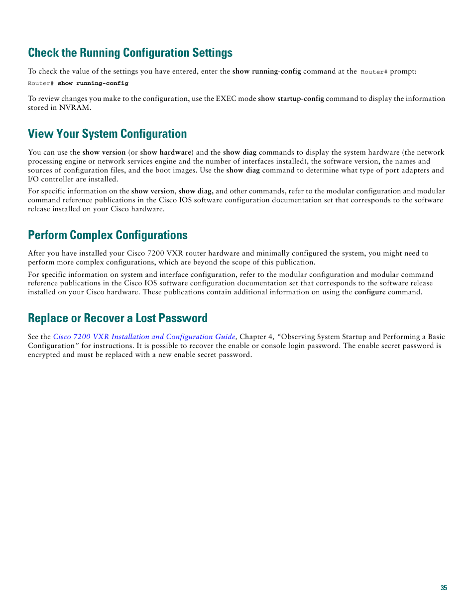 Check the running configuration settings, View your system configuration, Perform complex configurations | Replace or recover a lost password | Cisco 7200 VXR User Manual | Page 35 / 48