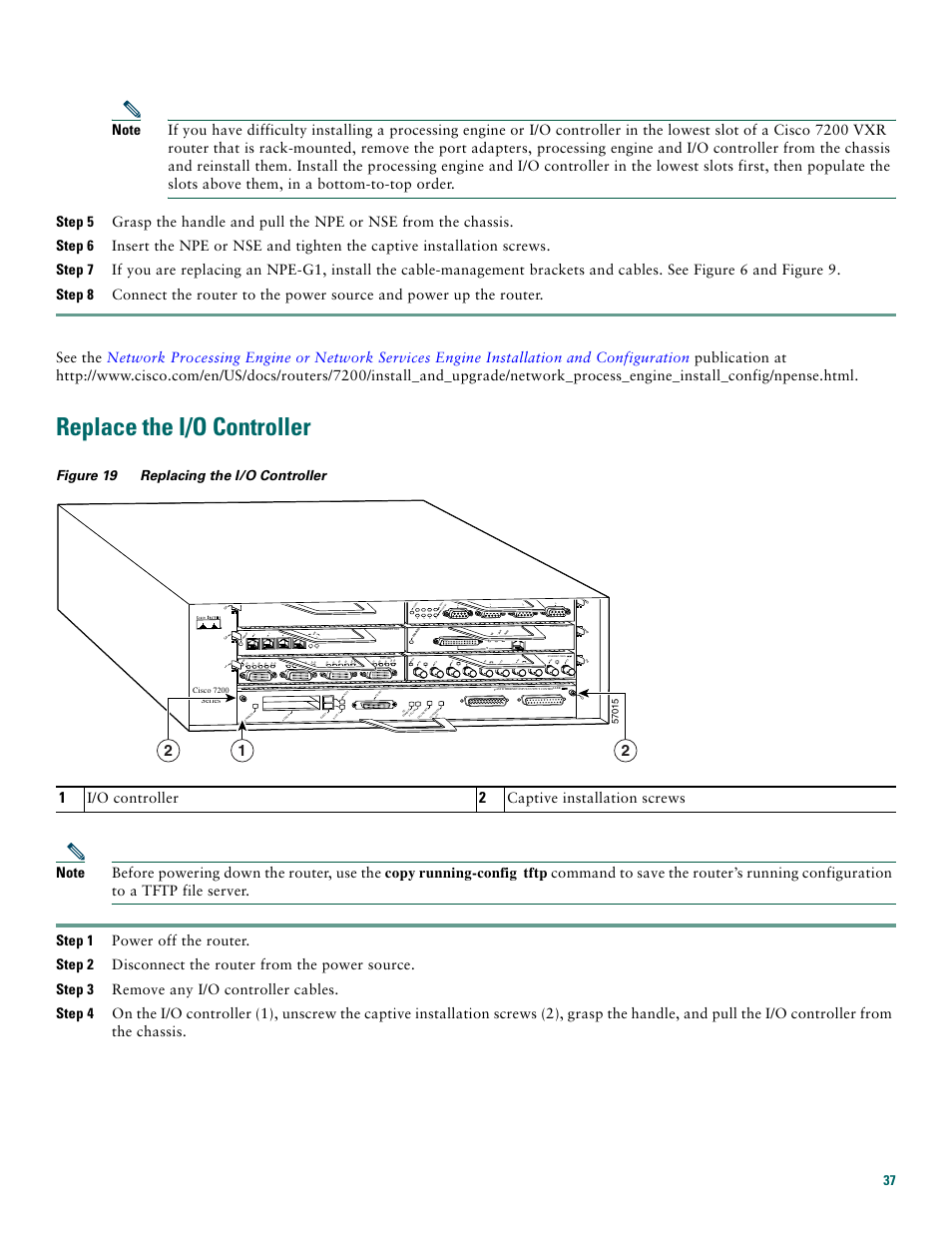 Replace the i/o controller, I/o controller, Captive installation screws | Cisco 7200 VXR User Manual | Page 37 / 48