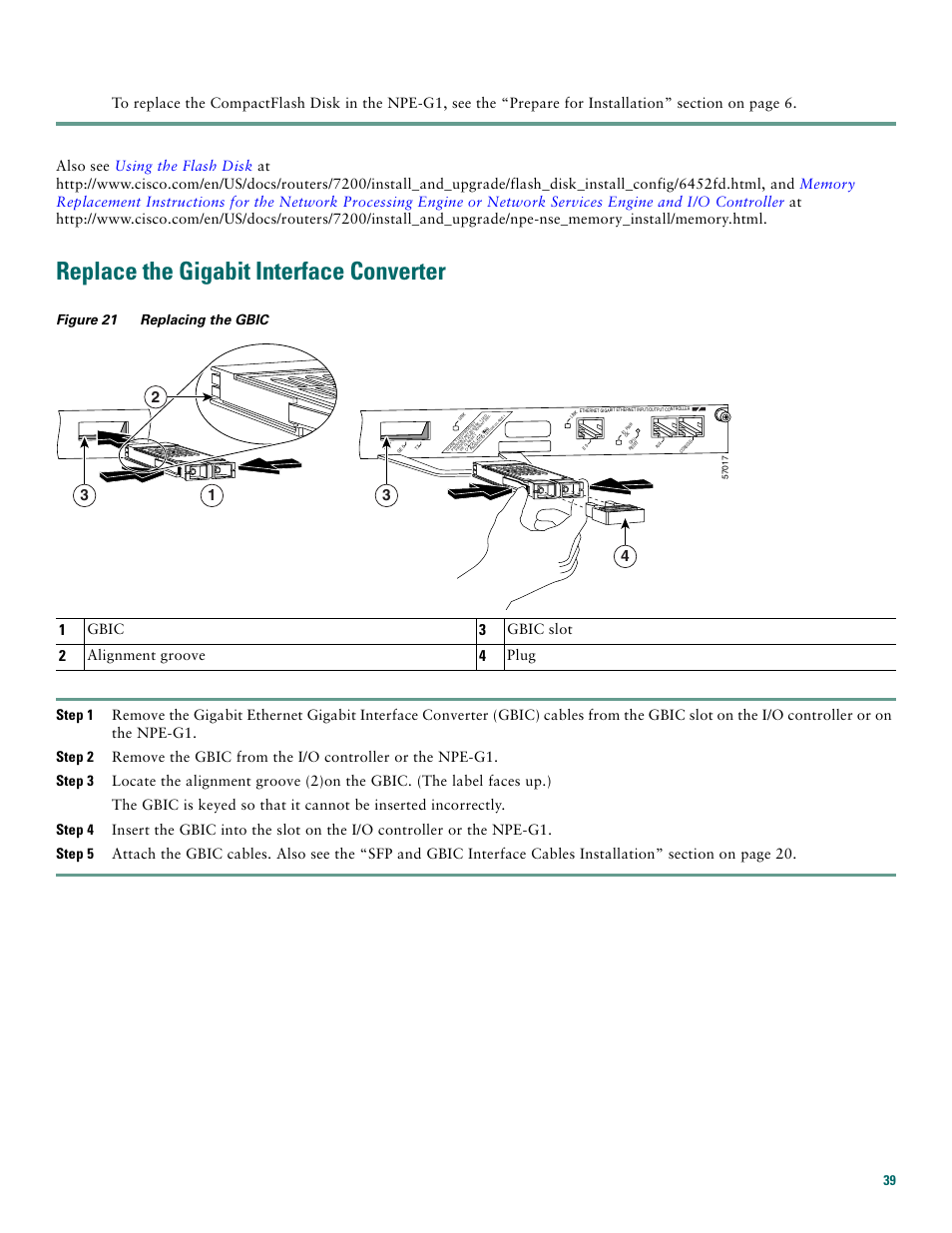Replace the gigabit interface converter, Gbic, Gbic slot | Alignment groove, Plug | Cisco 7200 VXR User Manual | Page 39 / 48