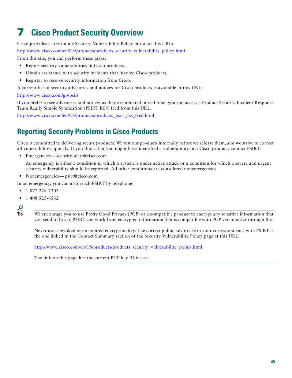 7 cisco product security overview, Reporting security problems in cisco products, Cisco product security overview | Cisco 7200 VXR User Manual | Page 45 / 48