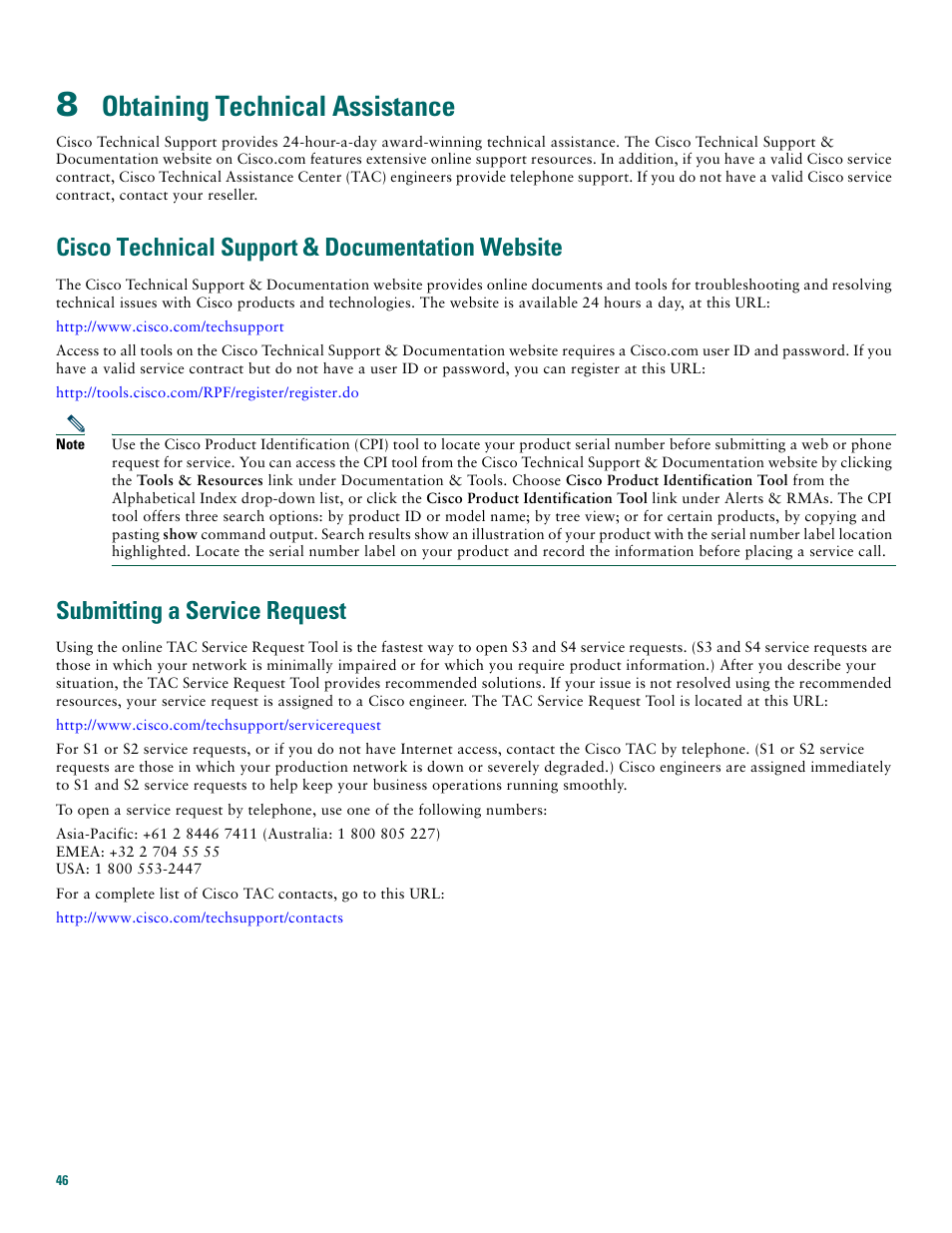 8 obtaining technical assistance, Cisco technical support & documentation website, Submitting a service request | Obtaining technical assistance | Cisco 7200 VXR User Manual | Page 46 / 48