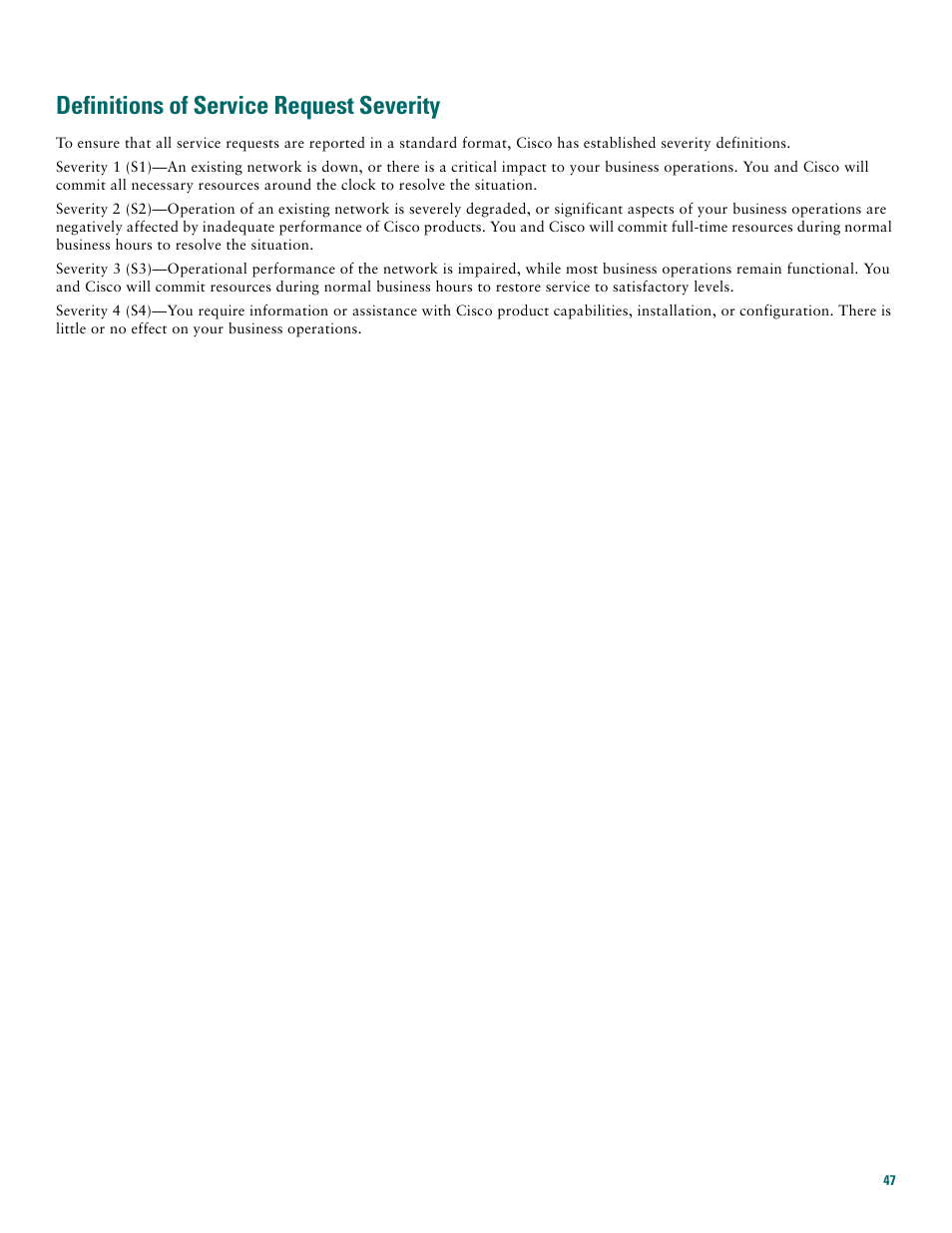 Definitions of service request severity | Cisco 7200 VXR User Manual | Page 47 / 48