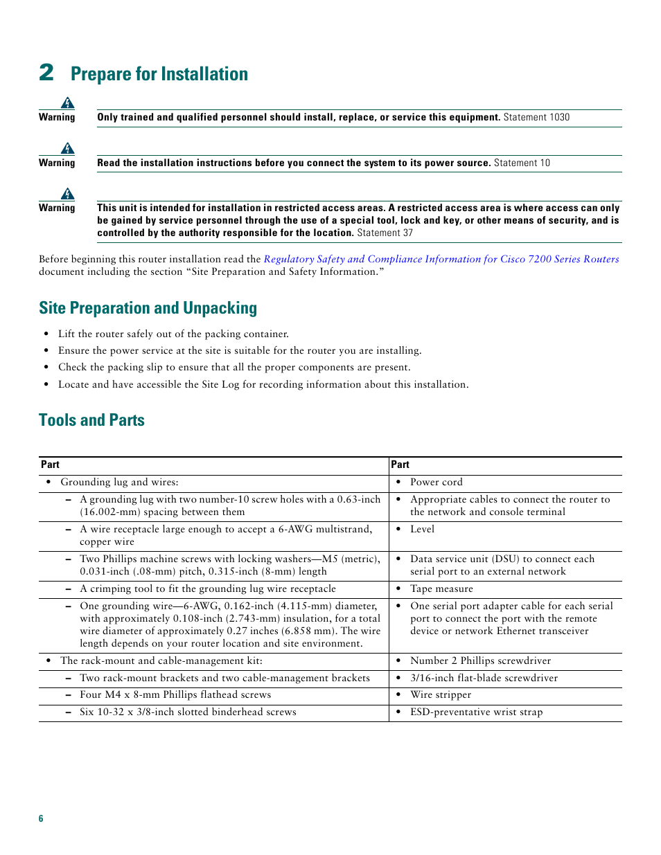 2 prepare for installation, Site preparation and unpacking, Tools and parts | Prepare for installation | Cisco 7200 VXR User Manual | Page 6 / 48