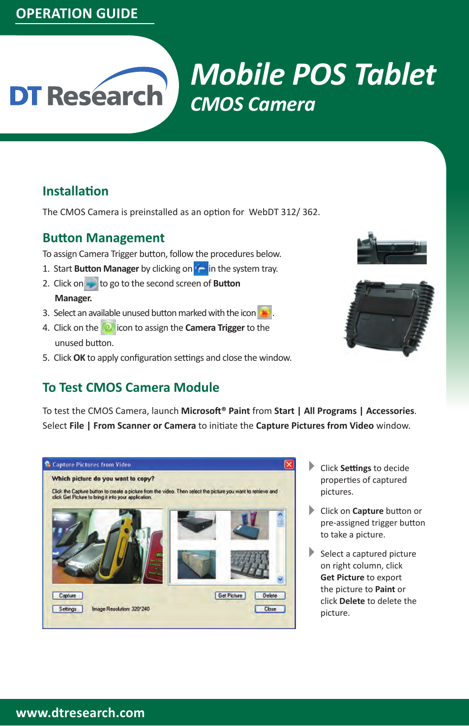 Mobile pos tablet, Cmos camera, Operation guide | WebDT DT312/ DT362 Modules BOG (XPE/ XPPro) User Manual | Page 3 / 6