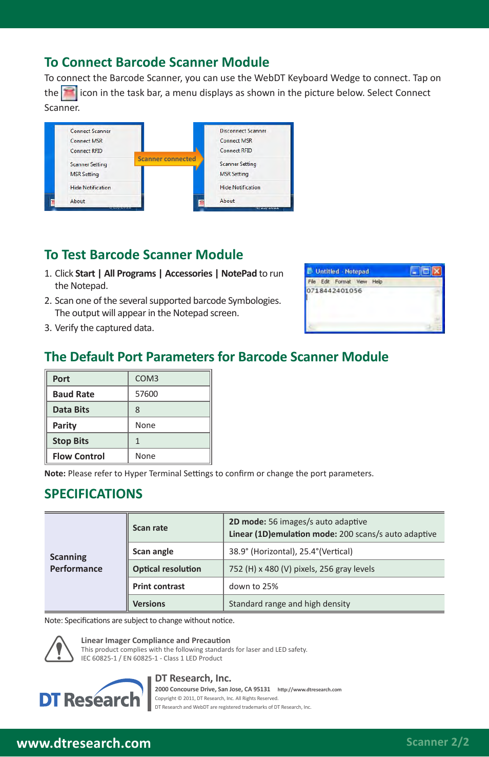 Specifications, Scanner 2/2 | WebDT DT390/ DT390i Modules BOG (XPE/ XPPro) User Manual | Page 2 / 6
