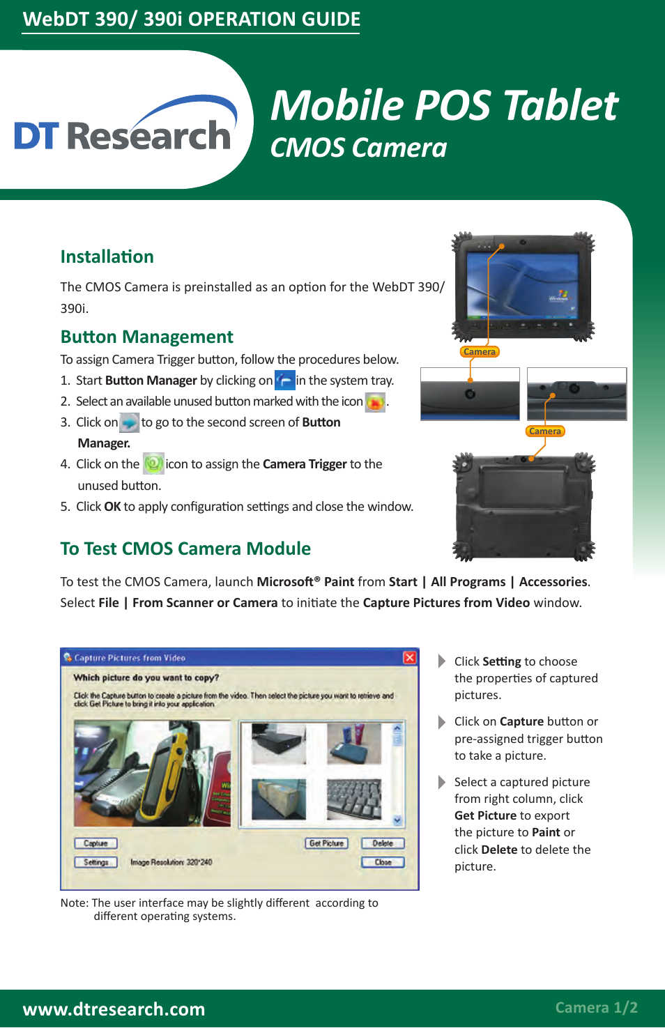 Mobile pos tablet, Cmos camera | WebDT DT390/ DT390i Modules BOG (XPE/ XPPro) User Manual | Page 3 / 6