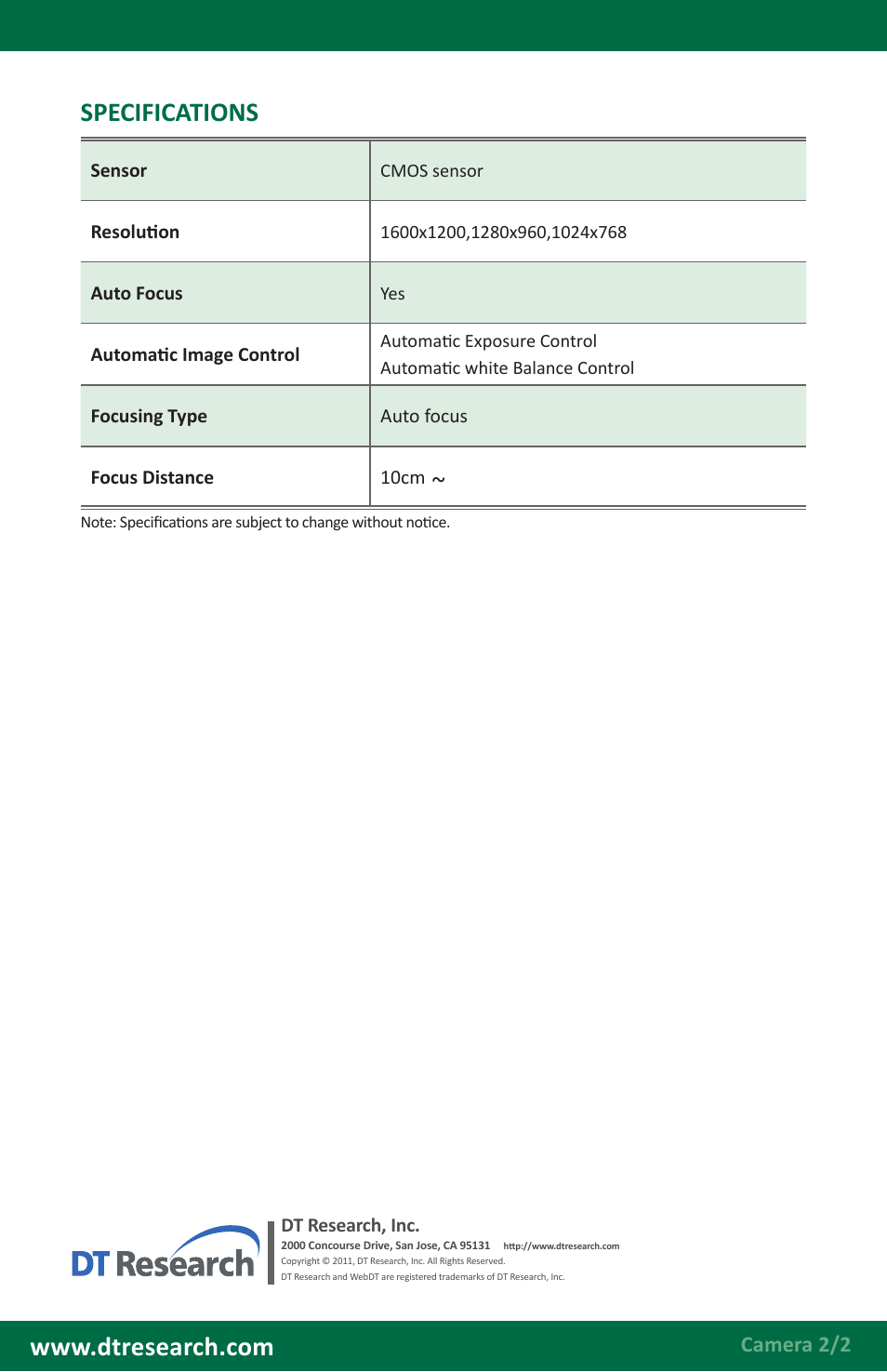 Specifications, Camera 2/2 | WebDT DT390/ DT390i Modules BOG (XPE/ XPPro) User Manual | Page 4 / 6