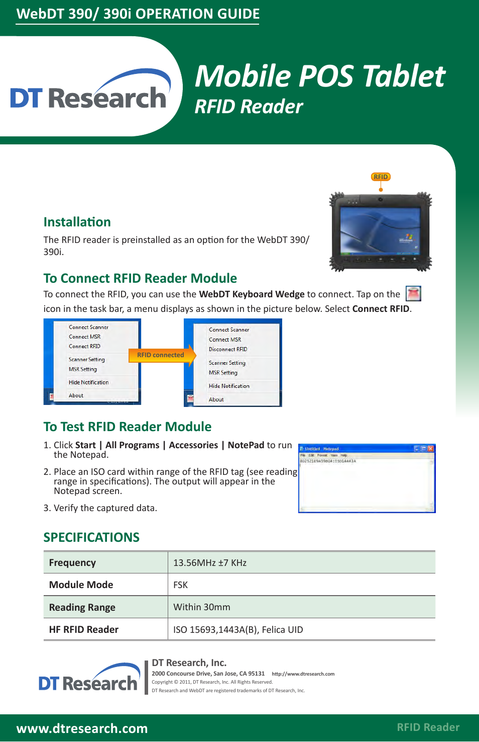 Mobile pos tablet, Rfid reader, Installation | Specifications | WebDT DT390/ DT390i Modules BOG (XPE/ XPPro) User Manual | Page 5 / 6