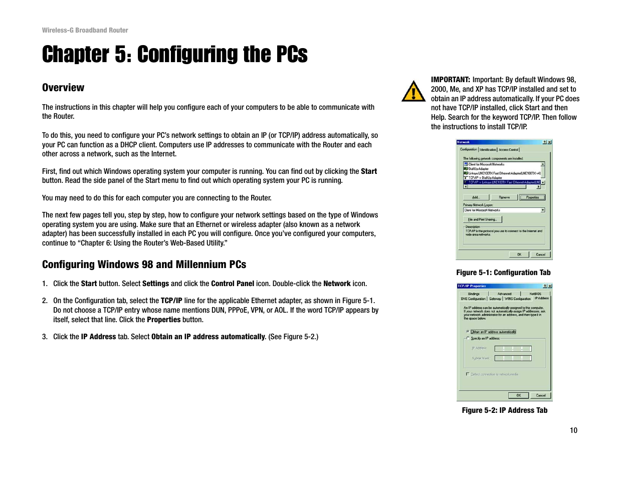 Chapter 5: configuring the pcs | Linksys WRT54G User Manual | Page 19 / 85