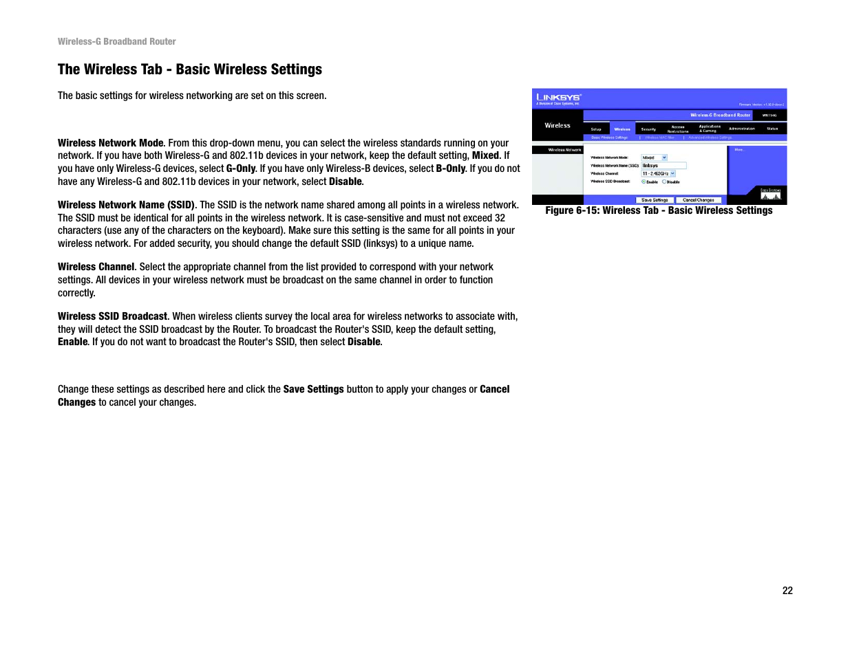 The wireless tab - basic wireless settings | Linksys WRT54G User Manual | Page 31 / 85