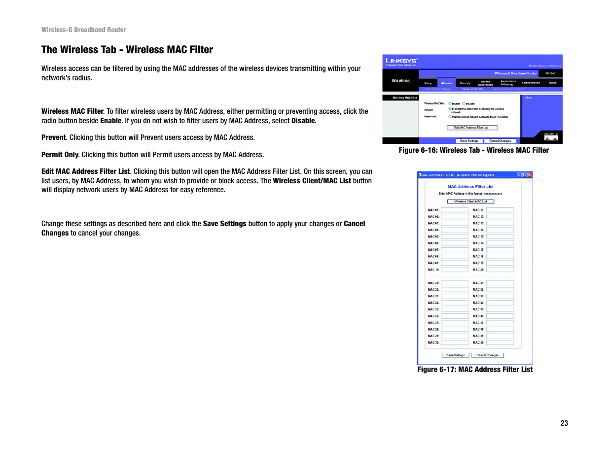 The wireless tab - wireless mac filter | Linksys WRT54G User Manual | Page 32 / 85