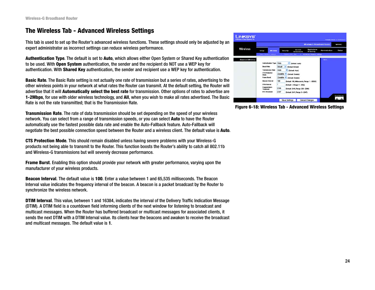 The wireless tab - advanced wireless settings | Linksys WRT54G User Manual | Page 33 / 85