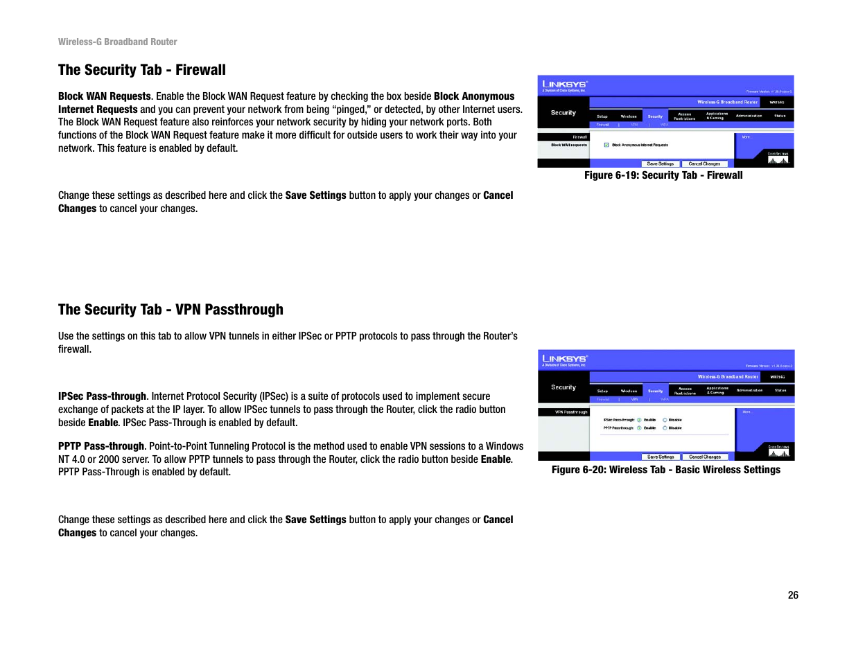 The security tab - firewall, The security tab - vpn passthrough | Linksys WRT54G User Manual | Page 35 / 85