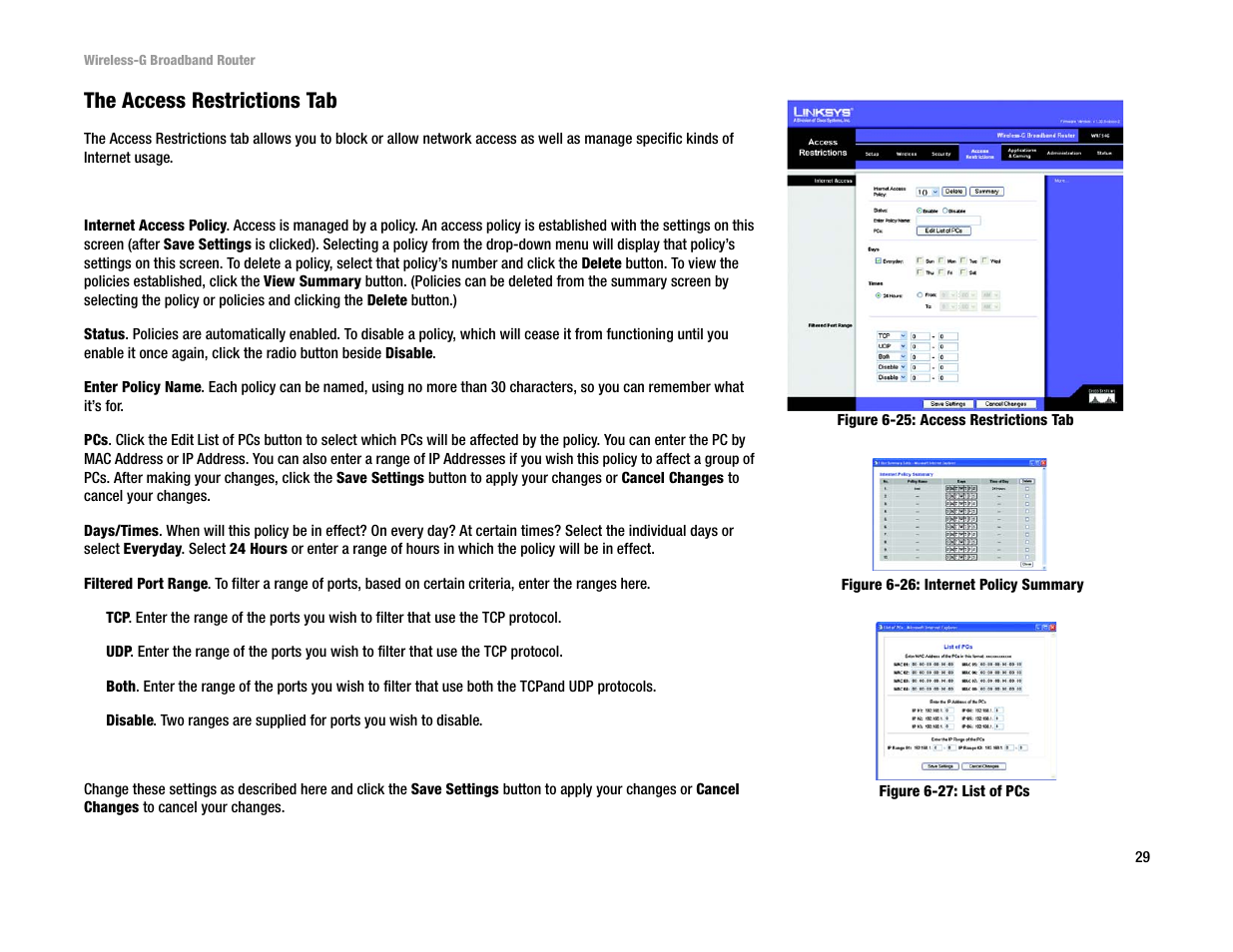 The access restrictions tab | Linksys WRT54G User Manual | Page 38 / 85