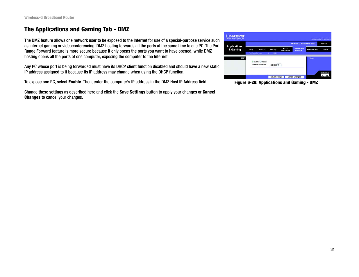 The applications and gaming tab - dmz | Linksys WRT54G User Manual | Page 40 / 85