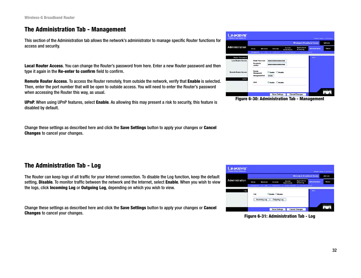 The administration tab - management, The administration tab - log | Linksys WRT54G User Manual | Page 41 / 85