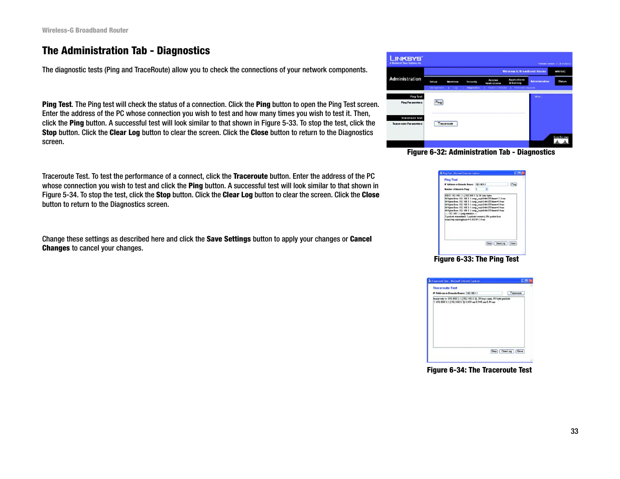 The administration tab - diagnostics | Linksys WRT54G User Manual | Page 42 / 85