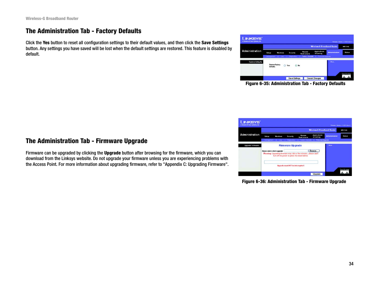 The administration tab - factory defaults, The administration tab - firmware upgrade | Linksys WRT54G User Manual | Page 43 / 85