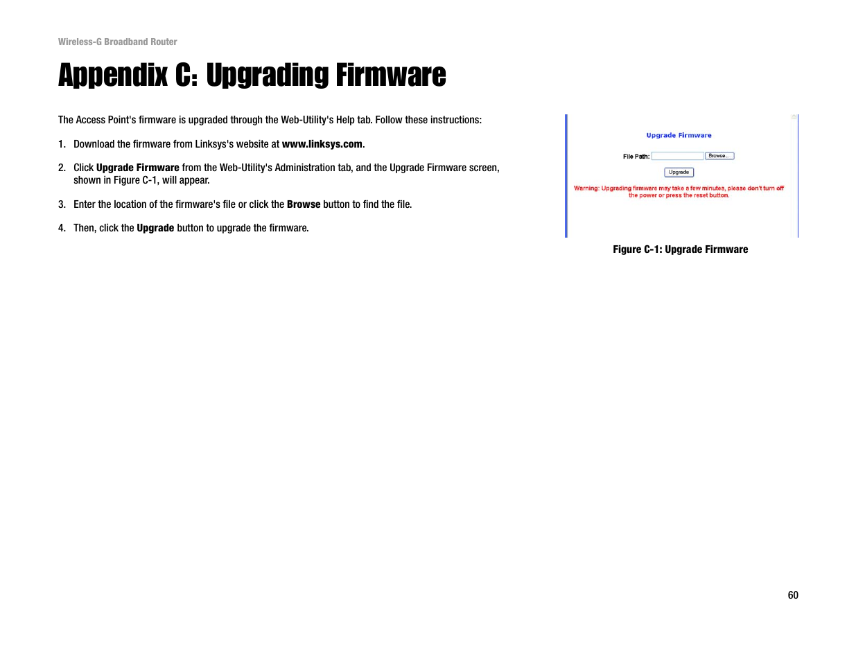 Appendix c: upgrading firmware | Linksys WRT54G User Manual | Page 69 / 85