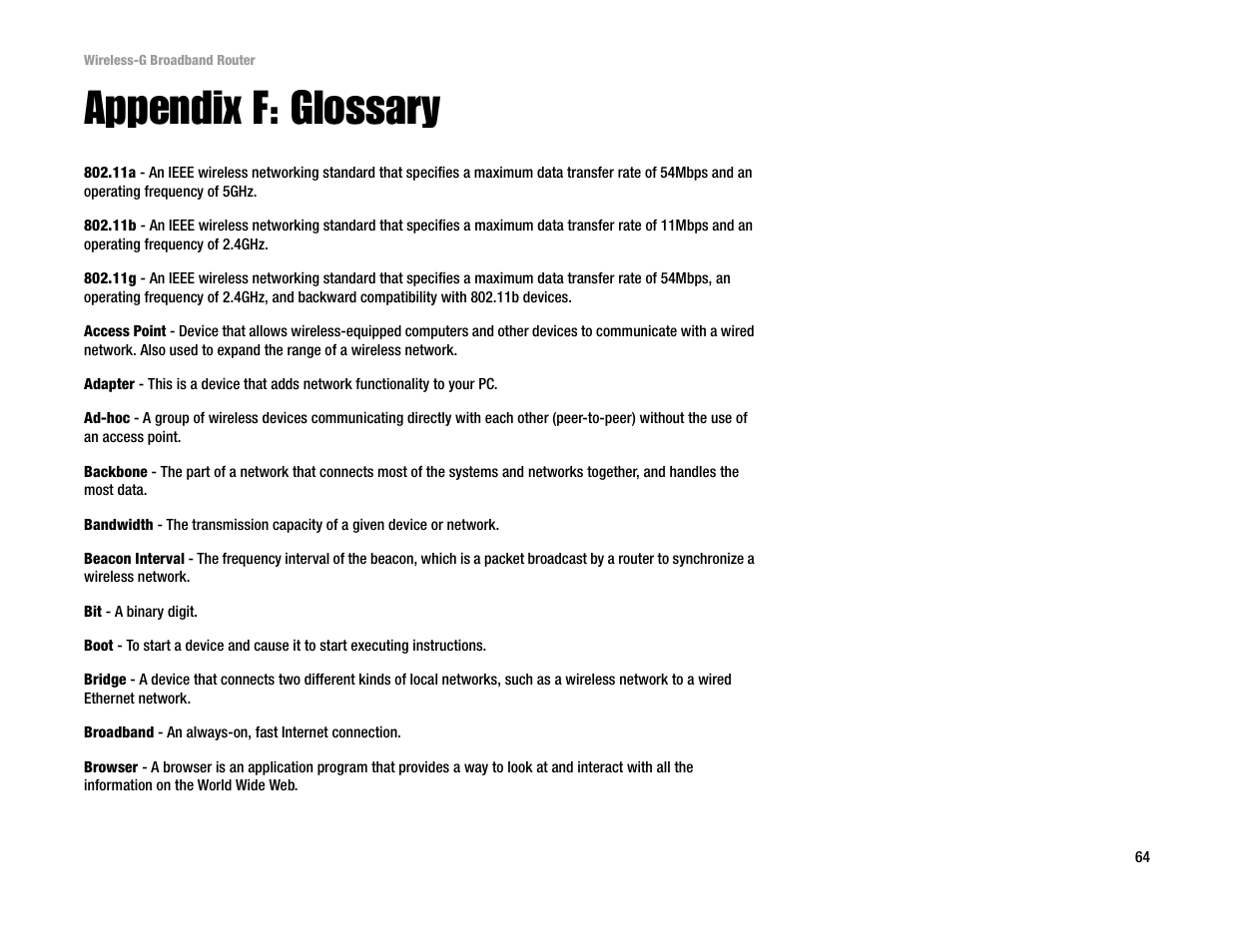 Appendix f: glossary | Linksys WRT54G User Manual | Page 73 / 85