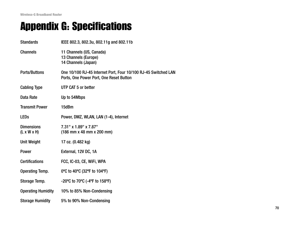 Appendix g: specifications | Linksys WRT54G User Manual | Page 79 / 85