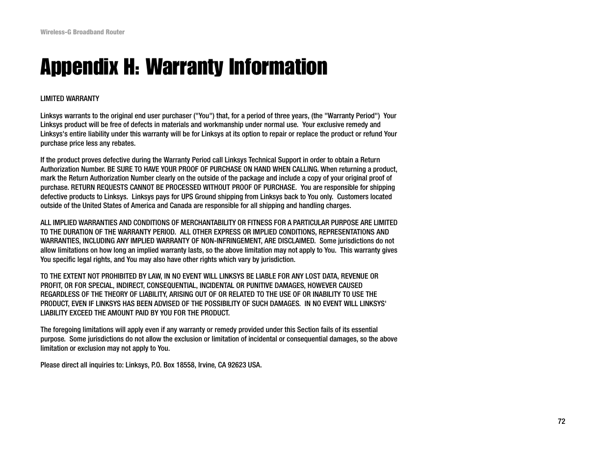 Appendix h: warranty information | Linksys WRT54G User Manual | Page 81 / 85