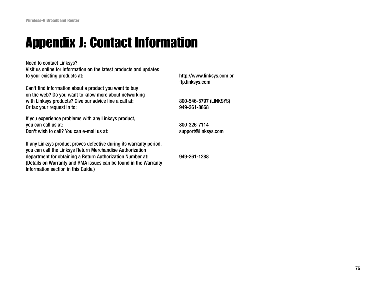Appendix j: contact information | Linksys WRT54G User Manual | Page 85 / 85
