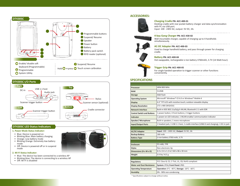 Accessories, Specifications | WebDT DT430SC User Manual | Page 2 / 2