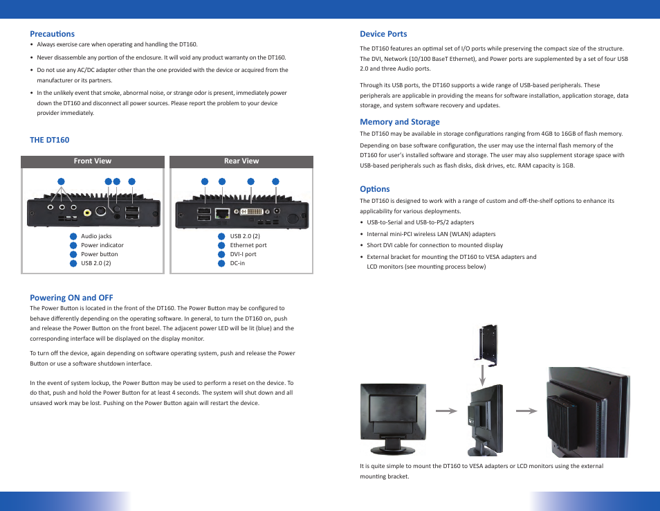 Powering on and off, Device ports, Options | Precautions | WebDT DT160 User Manual | Page 2 / 2