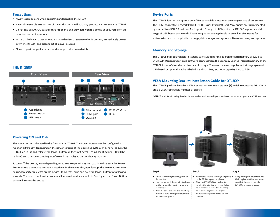 The dt180p powering on and off, Device ports, Precautions | WebDT DT180T User Manual | Page 2 / 2
