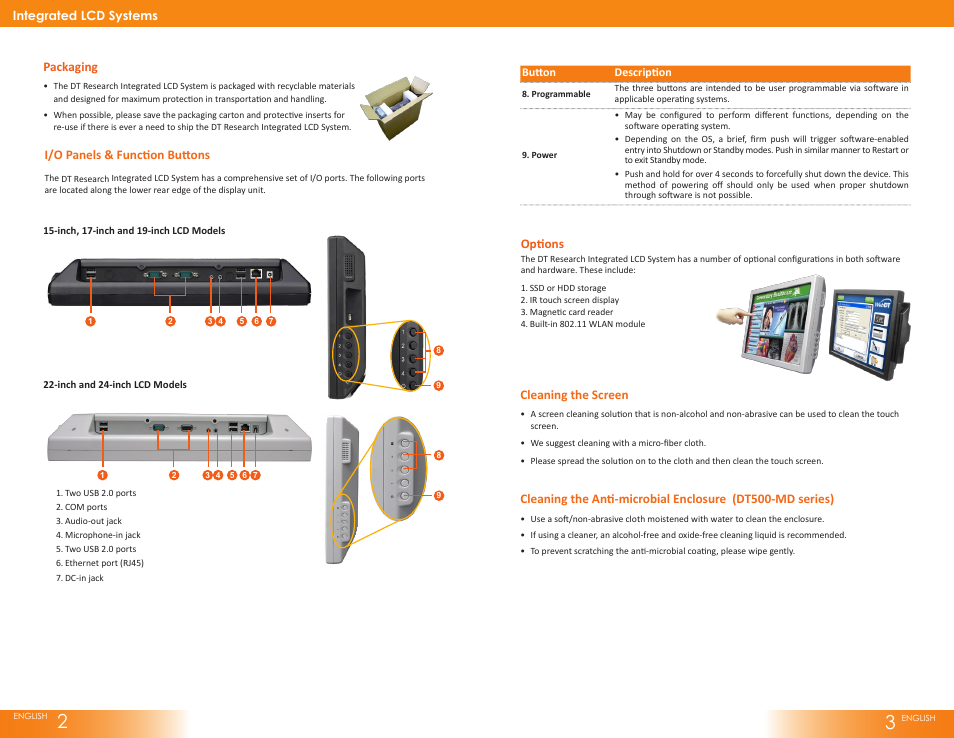 I/o panels & function buttons, Packaging, Options | Cleaning the screen | WebDT DT500 Series User Manual | Page 2 / 2