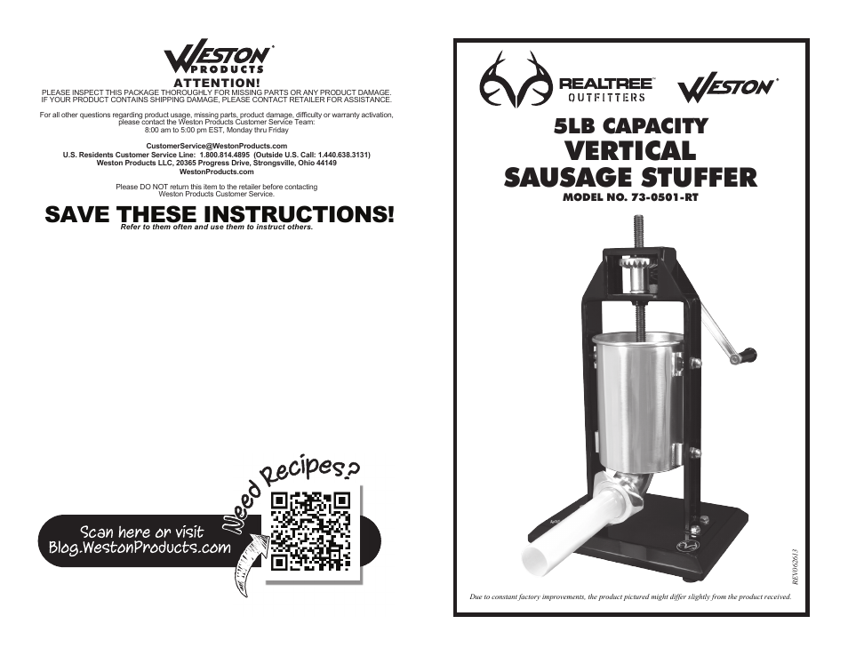 Weston Realtre 5 lb Vertical Sausage Stuffer User Manual | 6 pages