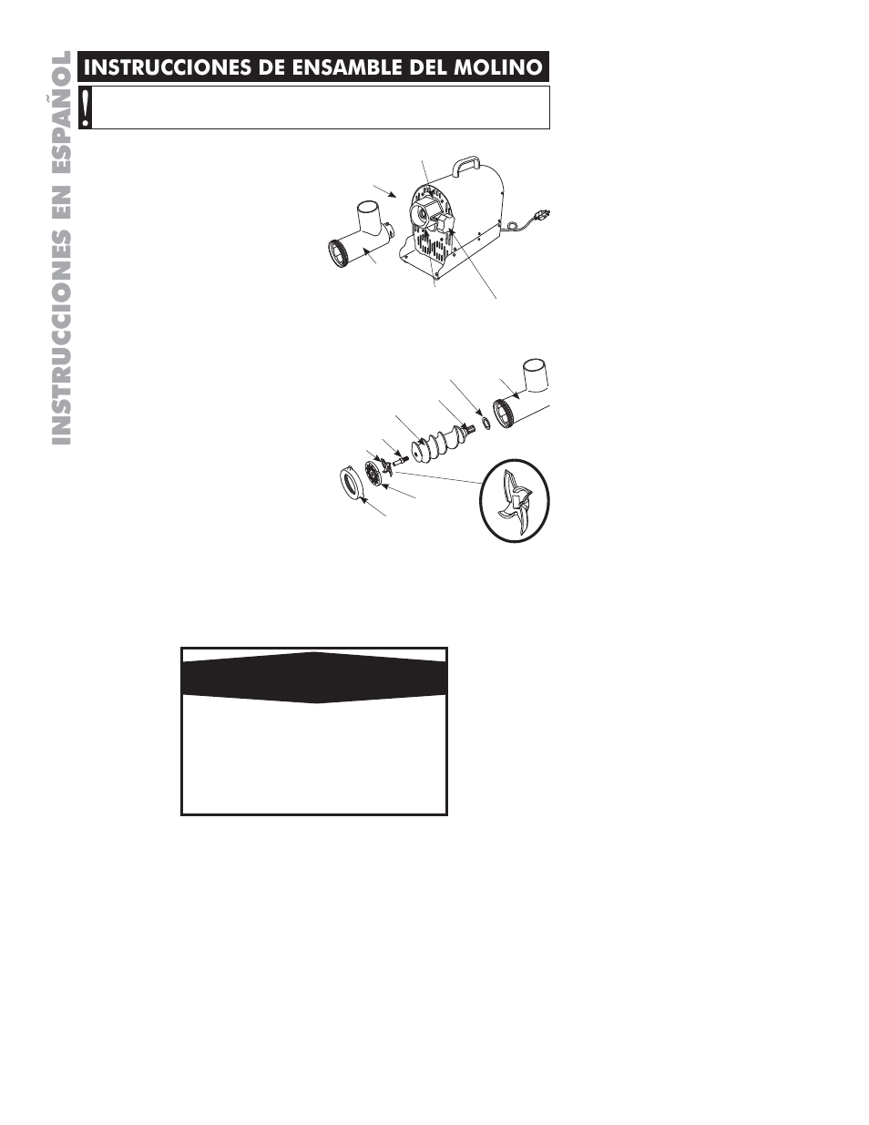 Warning, Instrucciones en esp añol, Instrucciones de ensamble del molino | Advertencia | Weston Commercial Electric Meat Grinders User Manual | Page 28 / 64