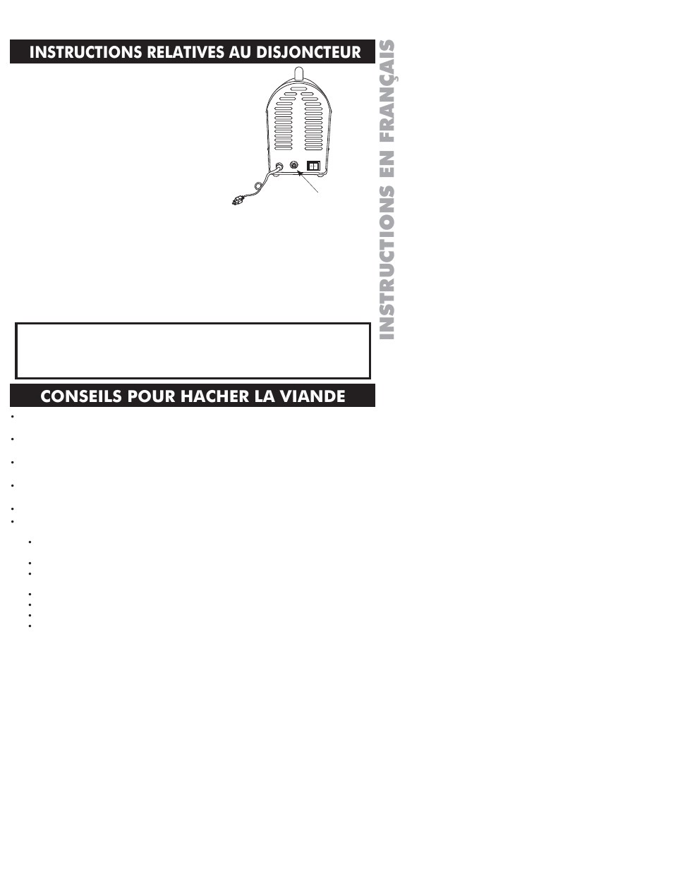 Instructions en français, Instructions relatives au disjoncteur, Conseils pour hacher la viande | Weston Commercial Electric Meat Grinders User Manual | Page 59 / 64