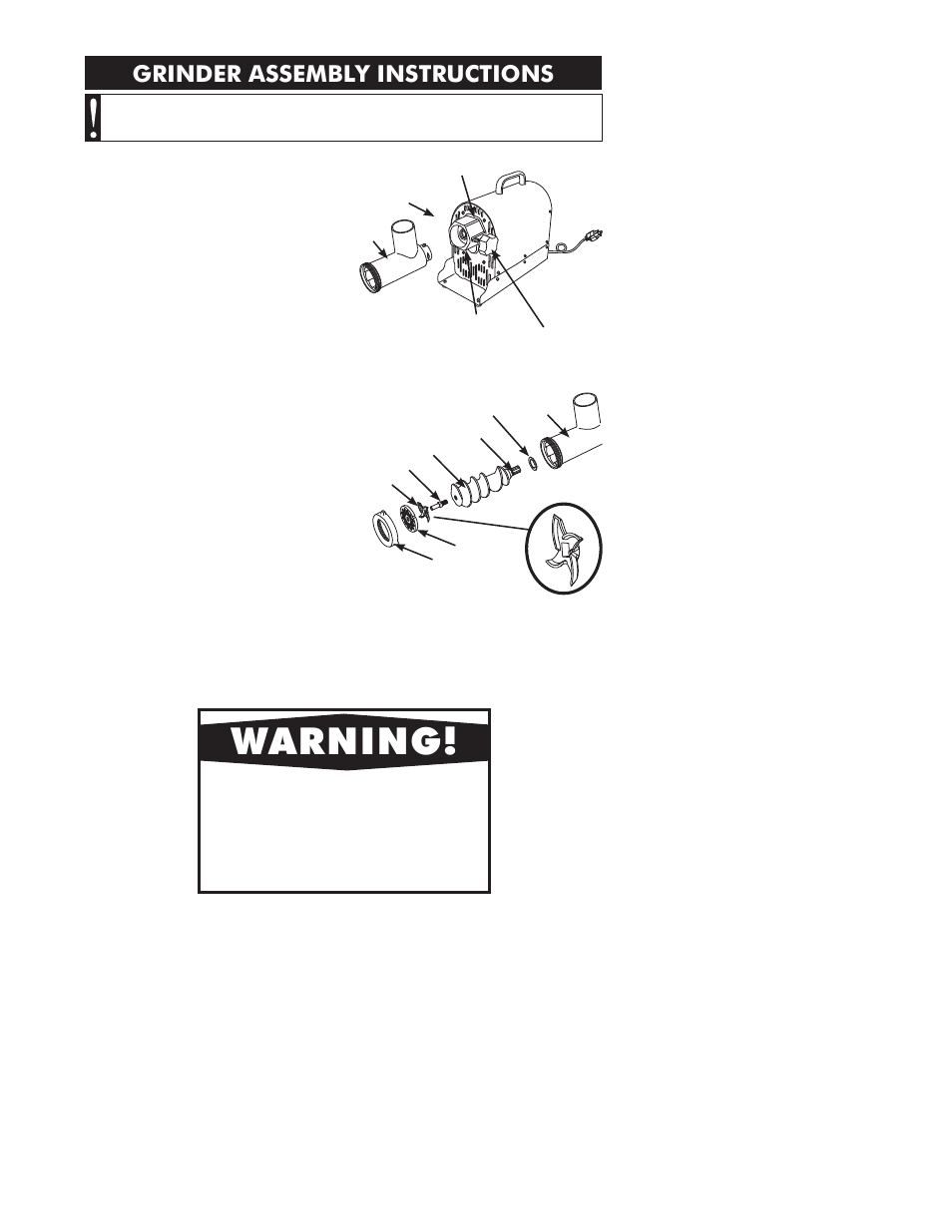 Grinder assembly instructions, Warning | Weston Commercial Electric Meat Grinders User Manual | Page 8 / 64