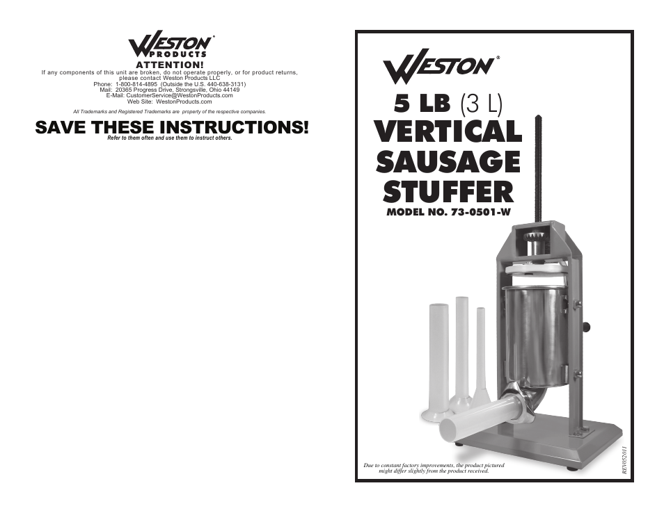 Weston 5 lb Vertical Sausage Stuffer User Manual | 6 pages