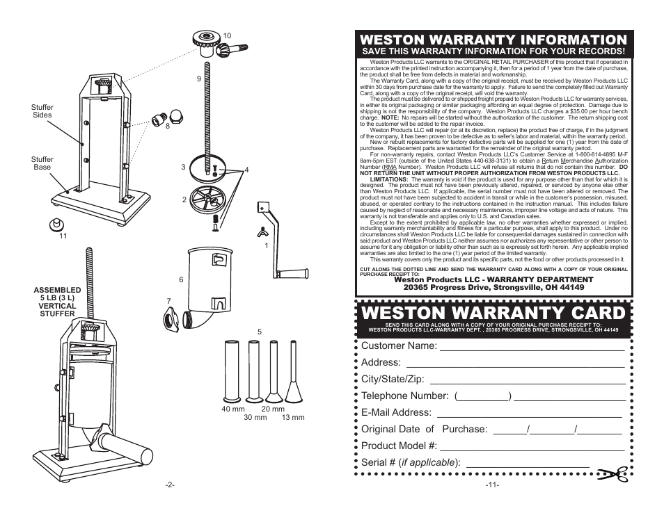 Weston warranty card, Weston warranty information | Weston 5 lb Vertical Sausage Stuffer User Manual | Page 2 / 6