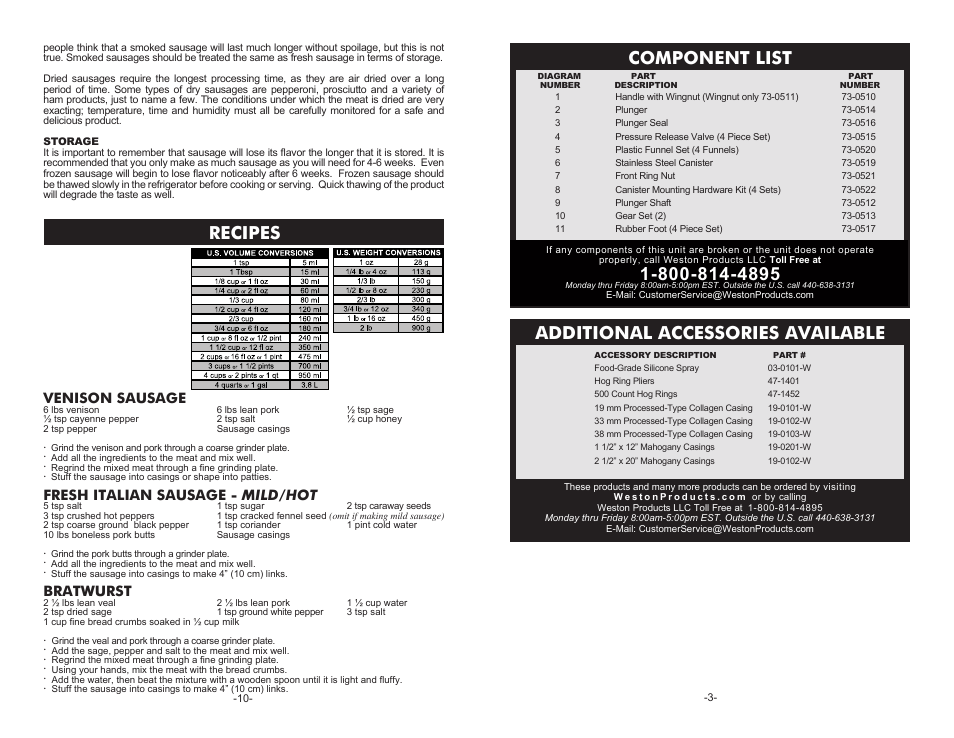 Component list, Recipes, Additional accessories available | Venison sausage, Fresh italian sausage - mild/hot, Bratwurst | Weston 5 lb Vertical Sausage Stuffer User Manual | Page 3 / 6
