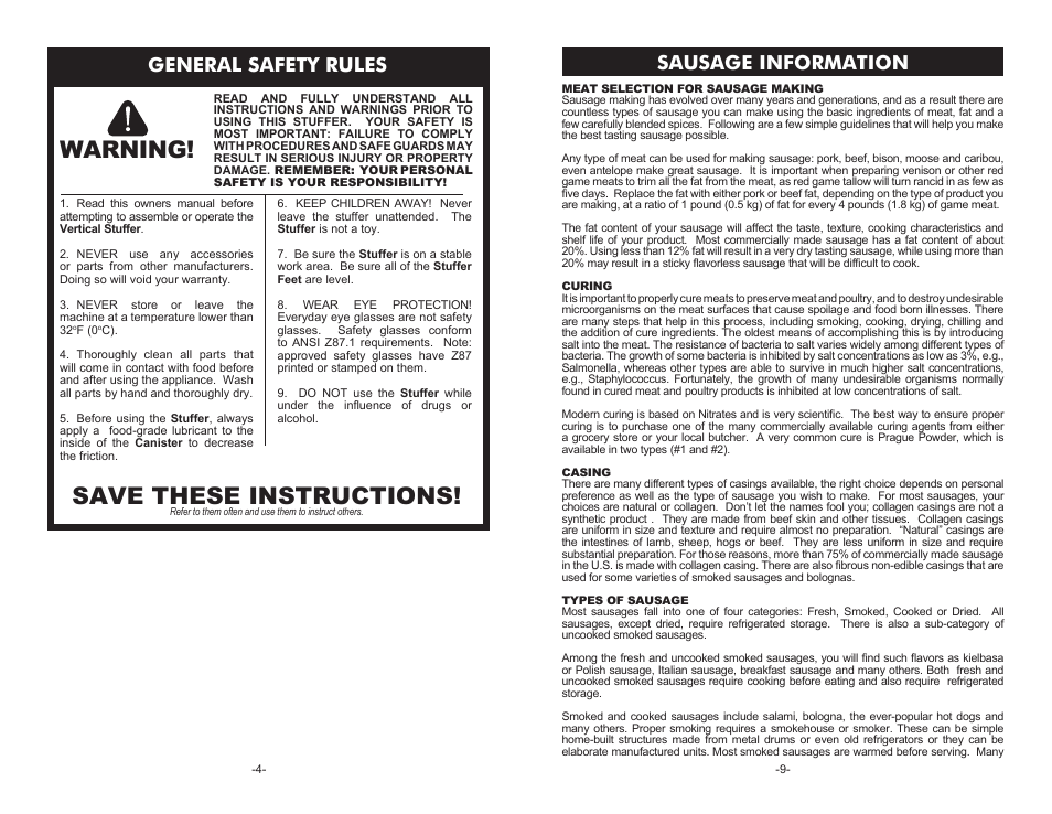 Warning, Save these instructions, General safety rules | Sausage information | Weston 5 lb Vertical Sausage Stuffer User Manual | Page 4 / 6